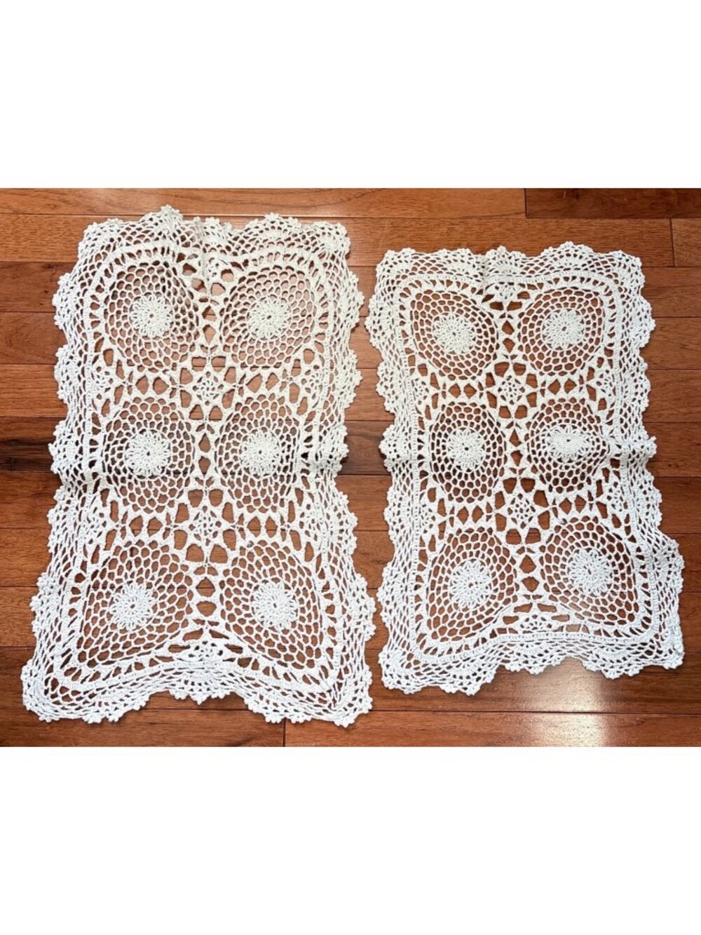 Vintage Hand-Crocheted Table Doilies Set Rectangular White Lace